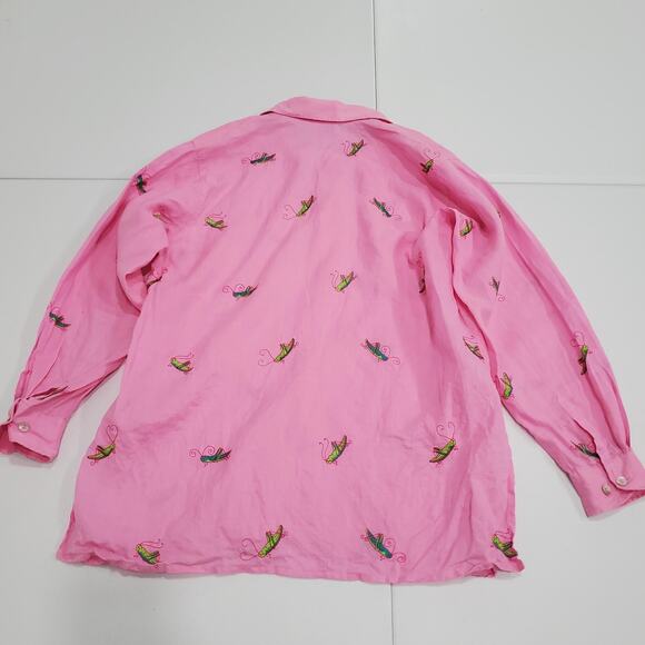 Casey Coleman Shirt Womens Medium Pink Linen Grasshopper Embroidered - Picture 2 of 8